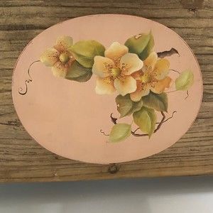 Vintage Oval Tolle Hand Painted Wood Fabric Lined Keepsake Box Grandmillennial